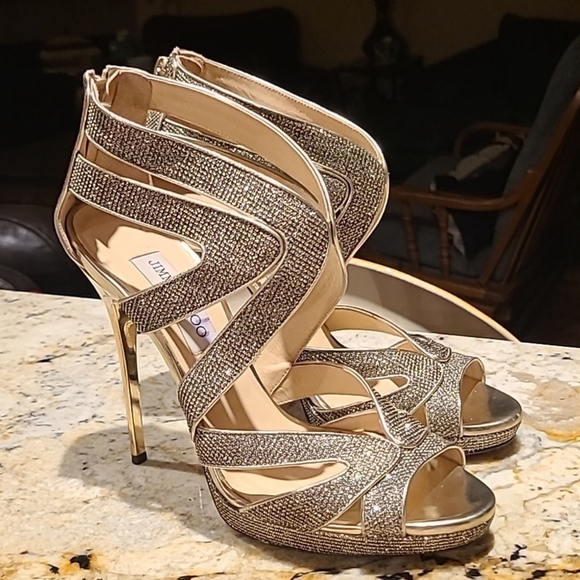 Jimmy Choo "Karla" shimmering stiletto peep toe back zip heels. Sz. 40.(10) - Picture 14 of 16